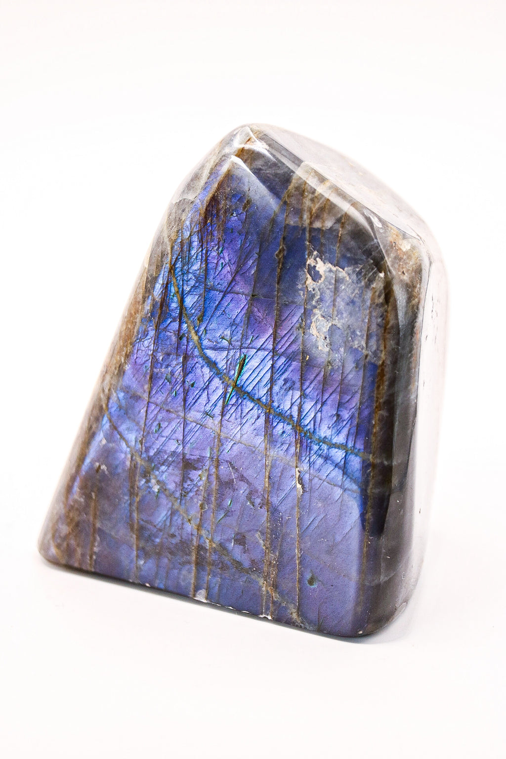 Labradoriet freeform van 336 gram met intense blauwe en paarse flash